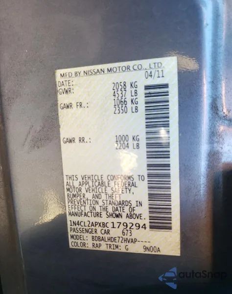 2011 Nissan Altima from USA, damaged, VIN 1N4CL2APXBC179294